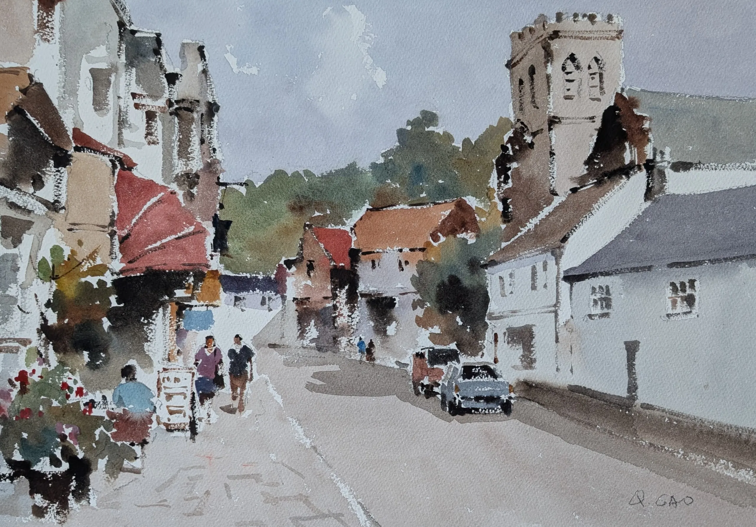 A town view in England — watercolor painting by Qian Gao