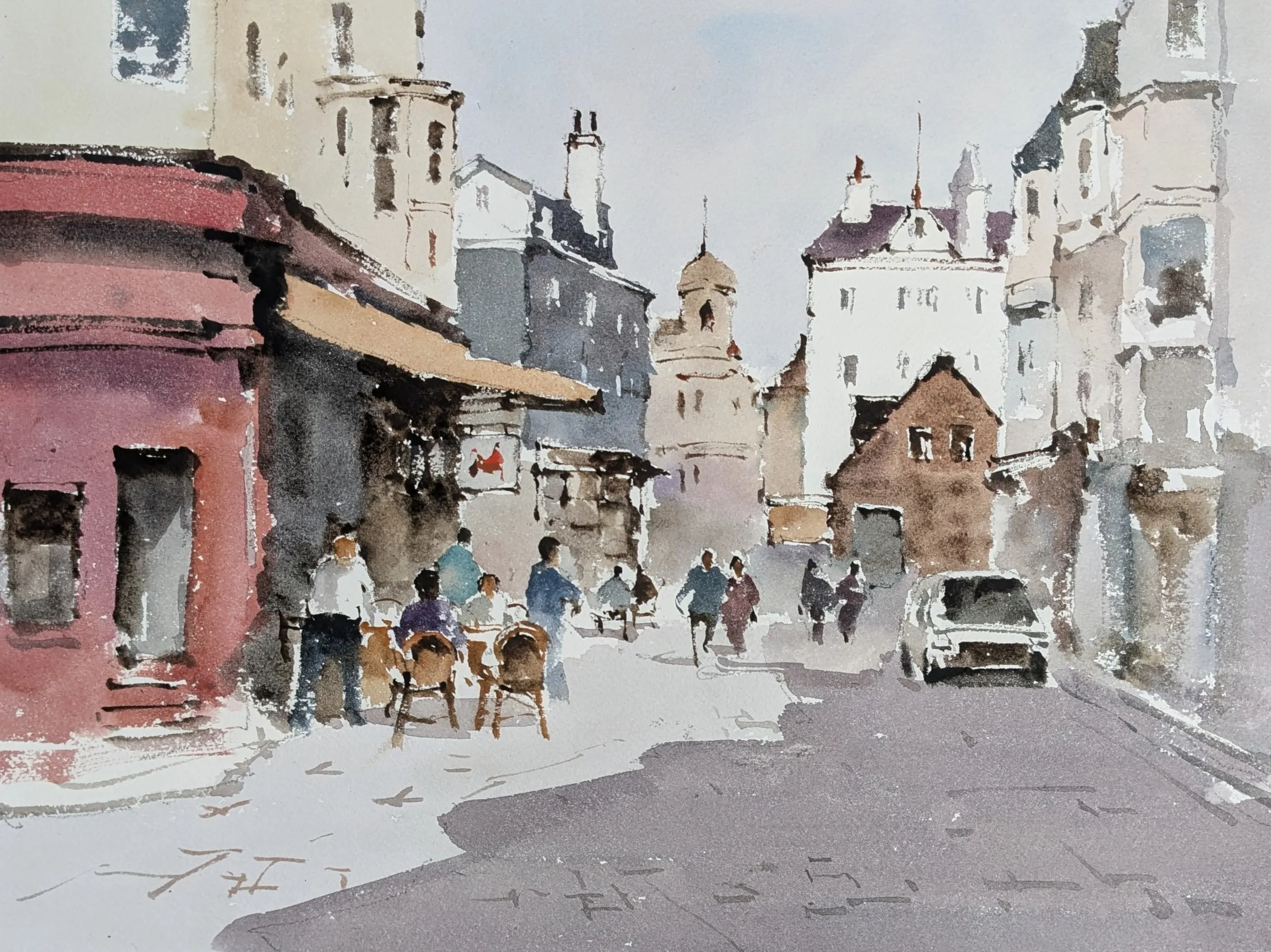 Backstreet cafe — watercolor painting by Qian Gao