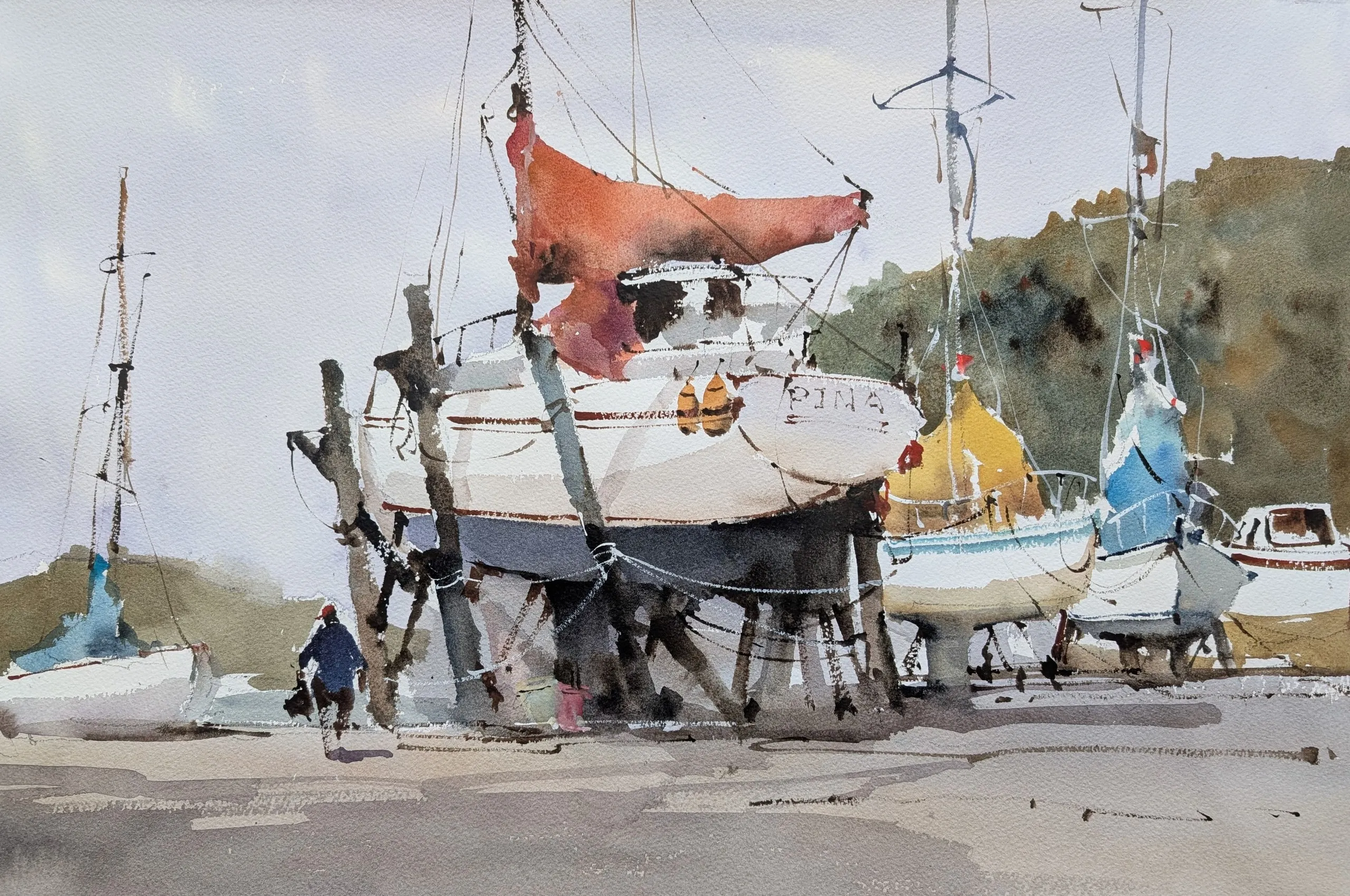 Boat repairing — watercolor painting by Qian Gao