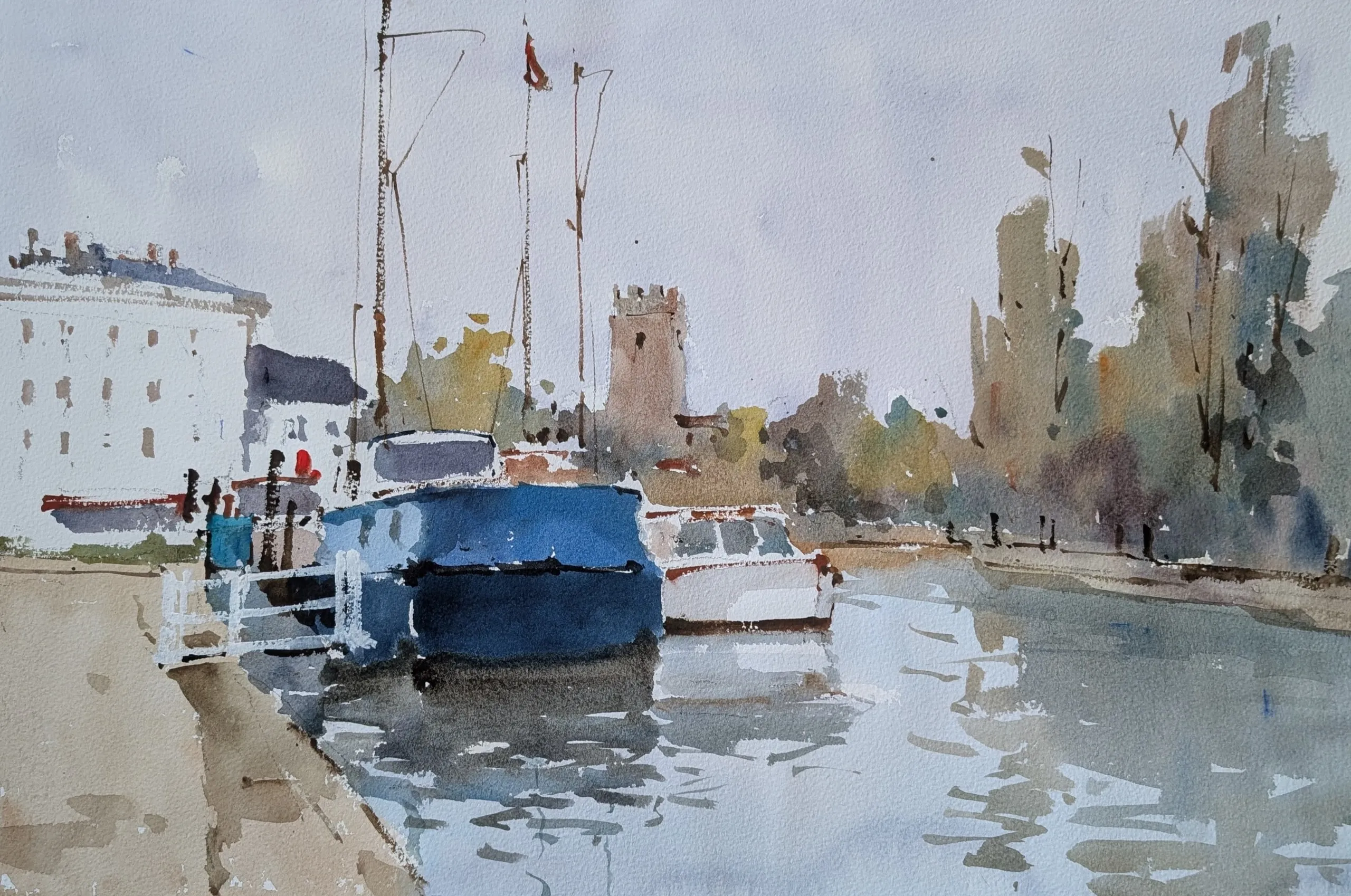 Boats in canal — watercolor painting by Qian Gao