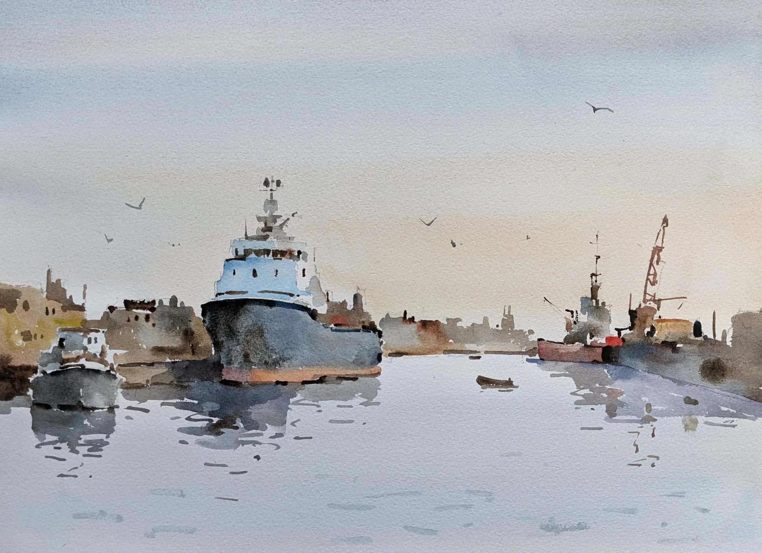 Morning harbor — watercolor painting by Qian Gao
