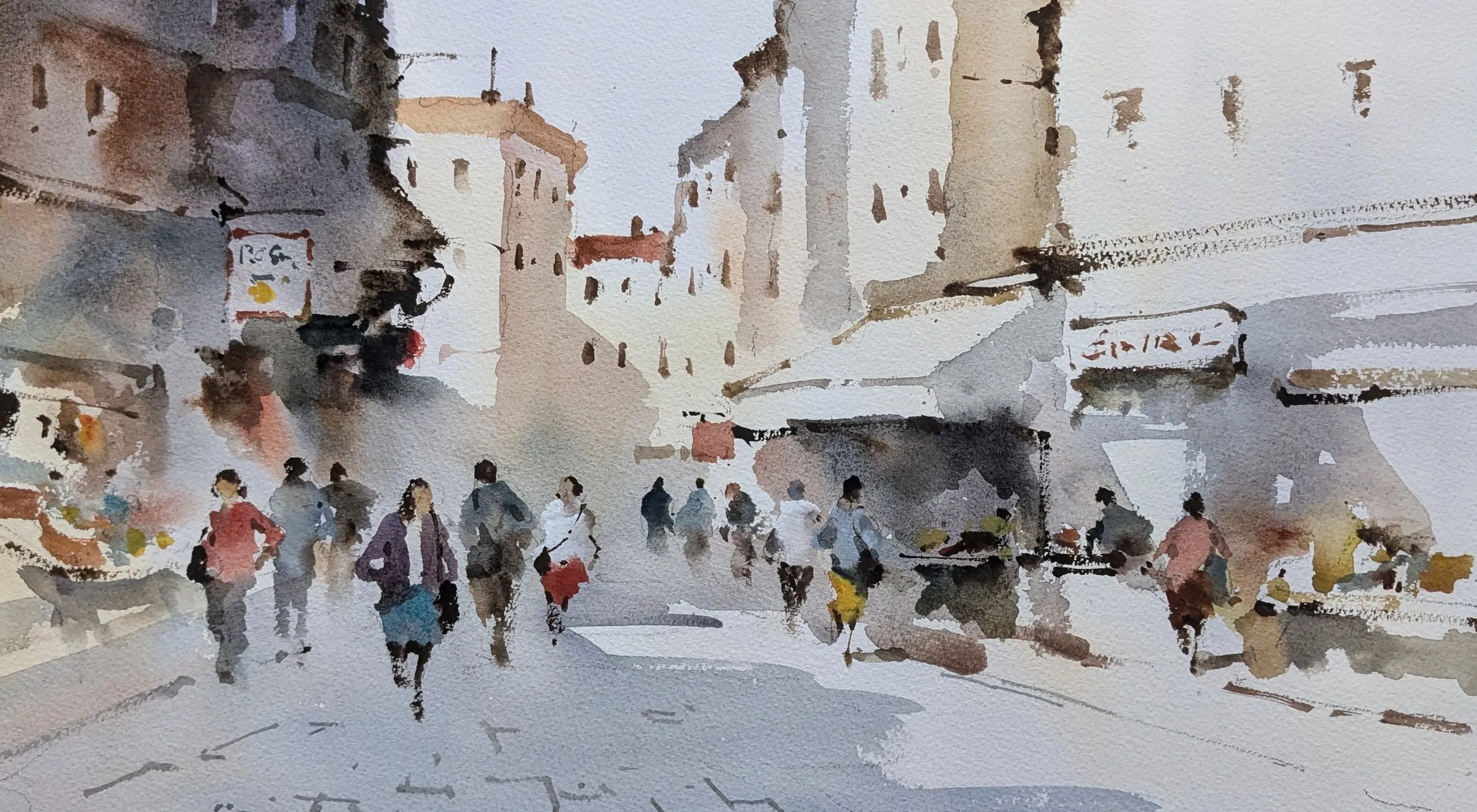 A walking street view — watercolor painting by Qian Gao