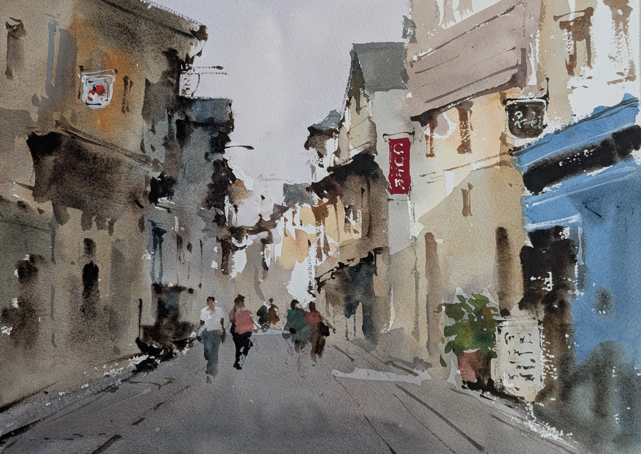 Side street wander — watercolor painting by Qian Gao
