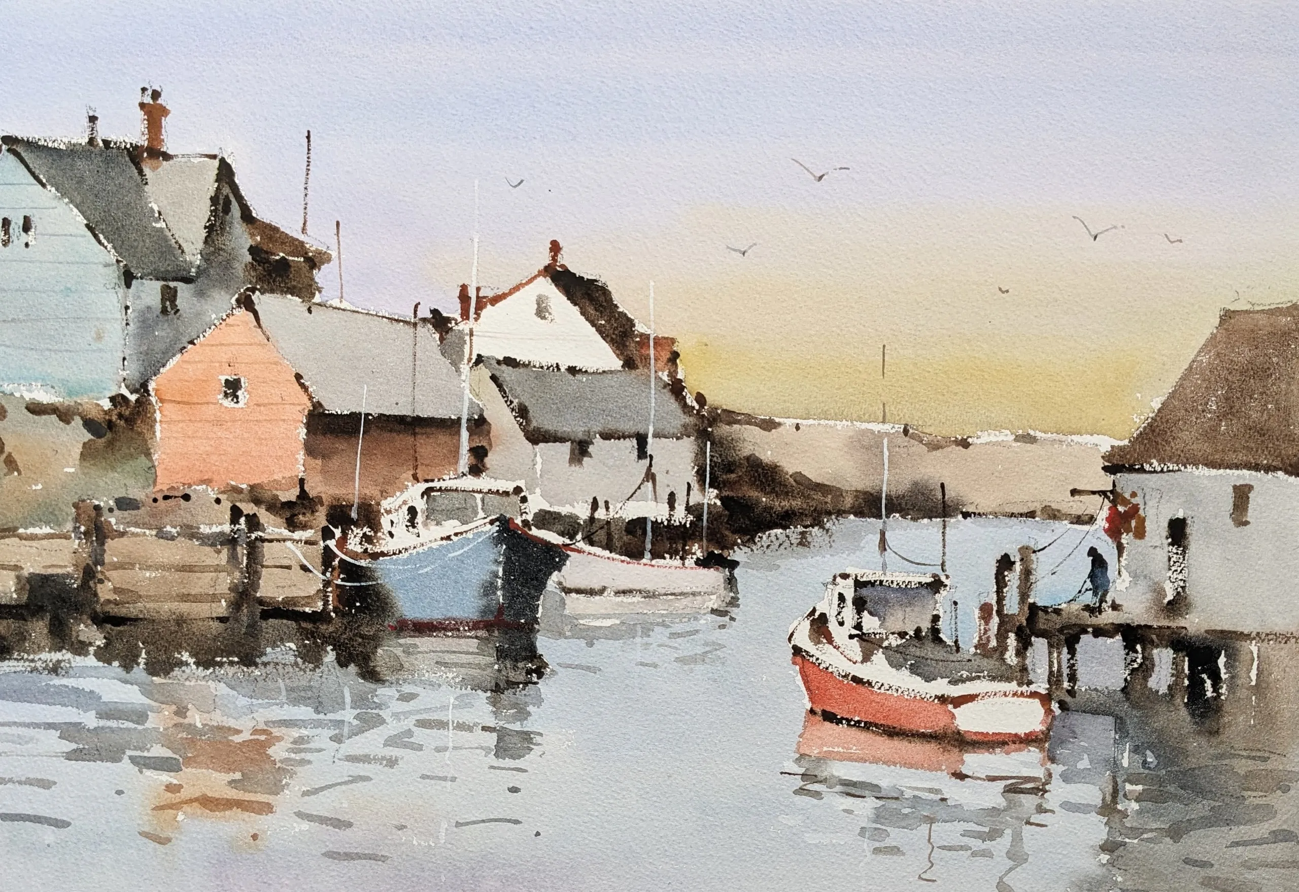 Fishing village — watercolor painting by Qian Gao