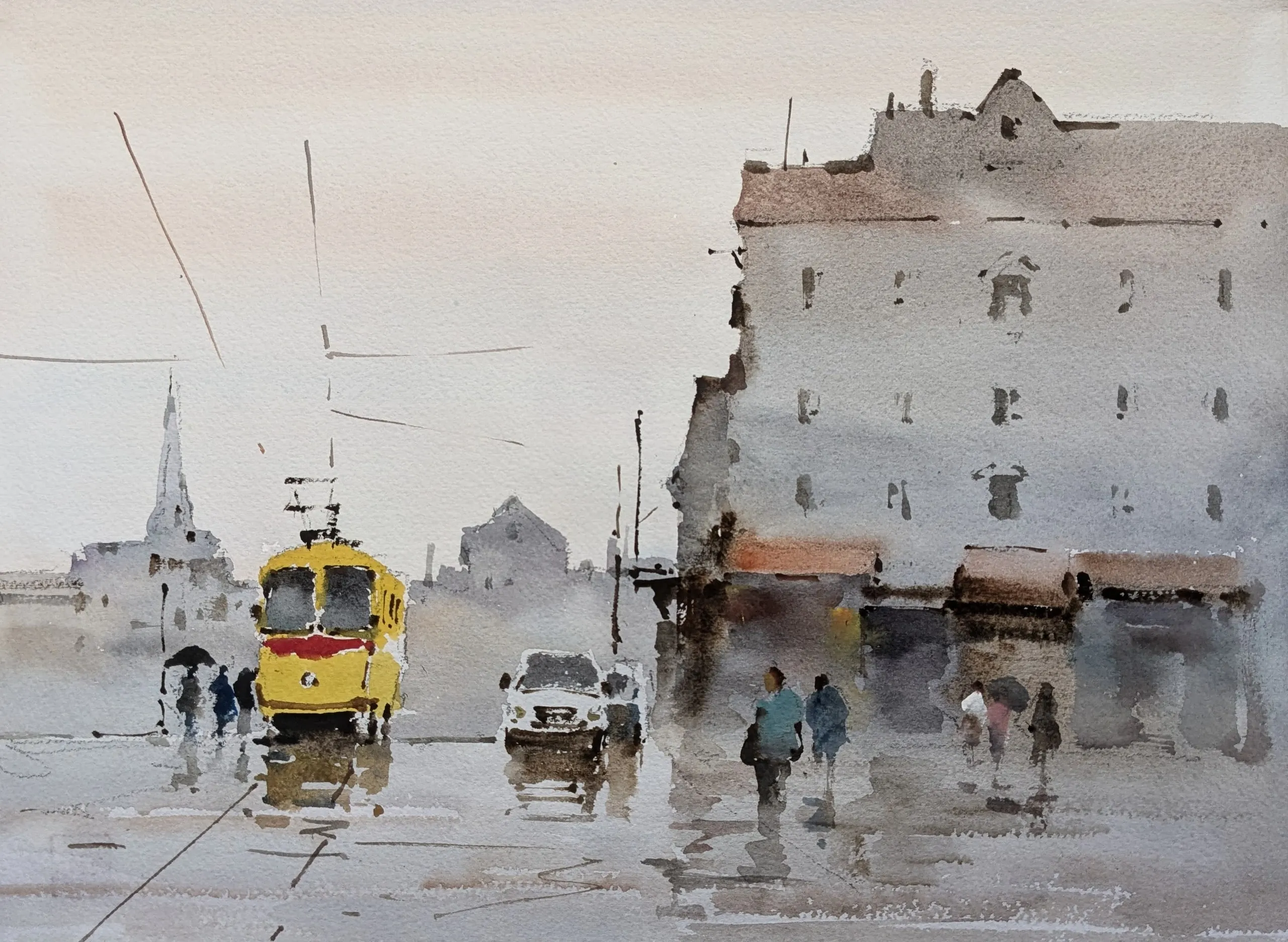 The yellow bus — watercolor painting by Qian Gao