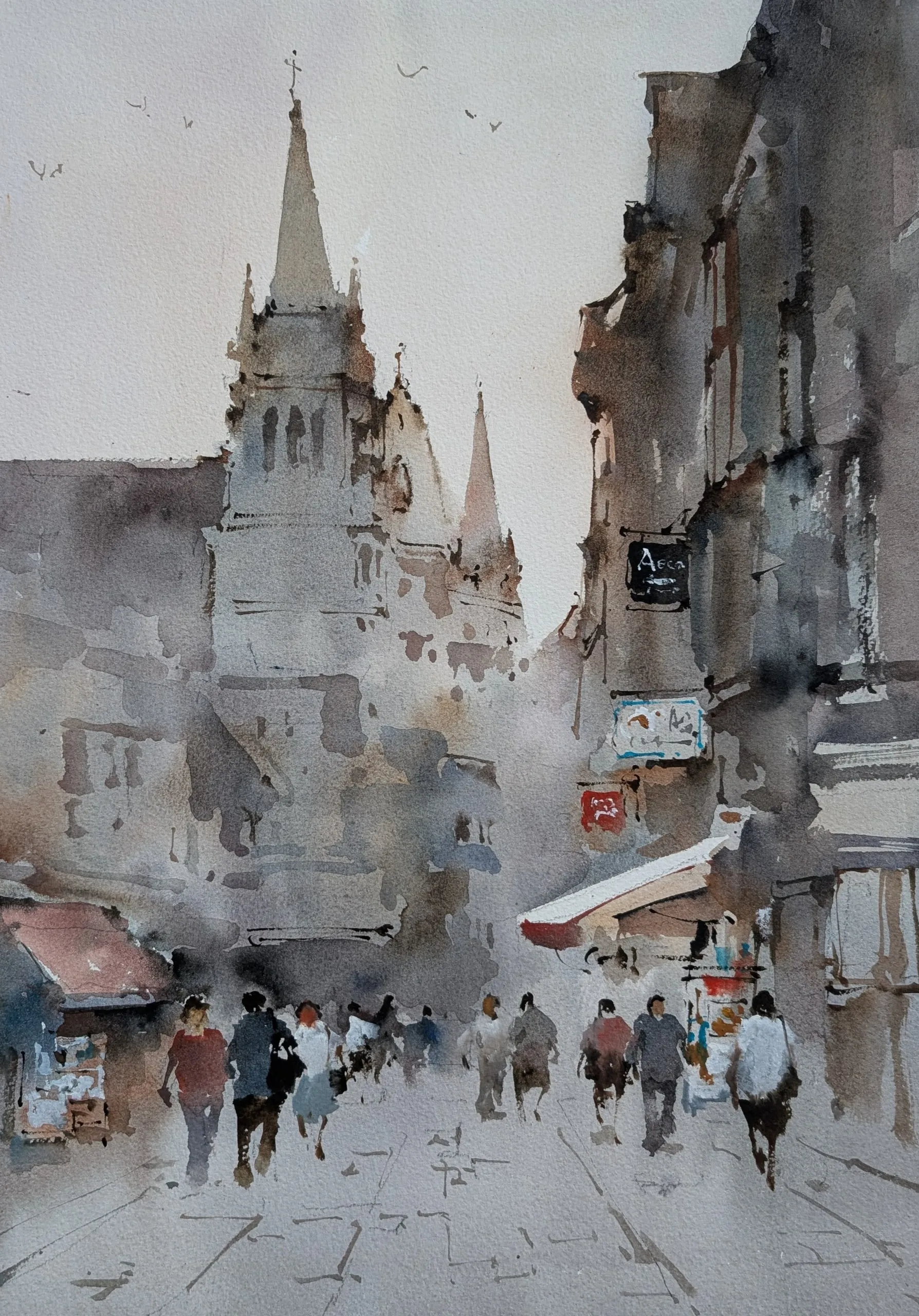 Under the tower — watercolor painting by Qian Gao